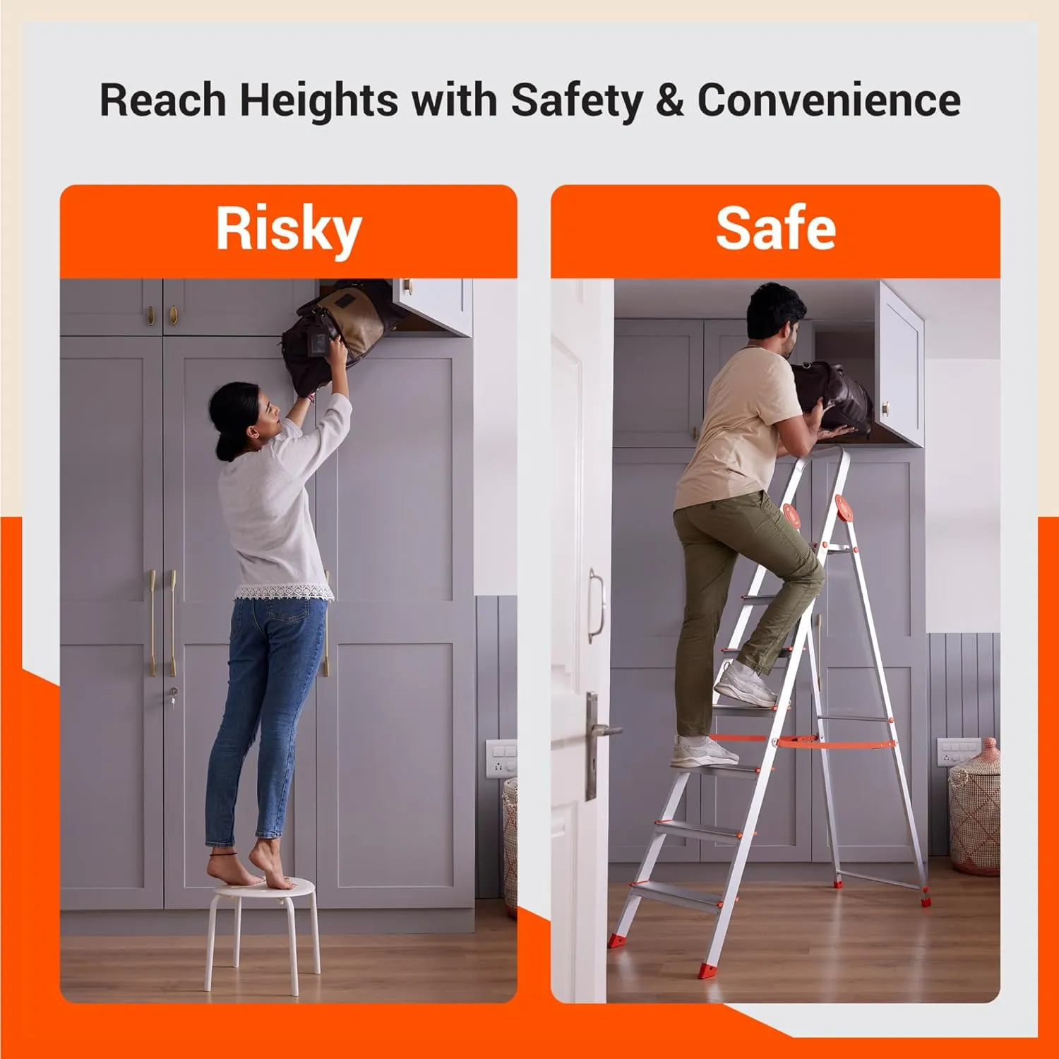 Bathla Advance 8-Step Foldable Aluminium Ladder For Home (Orange)