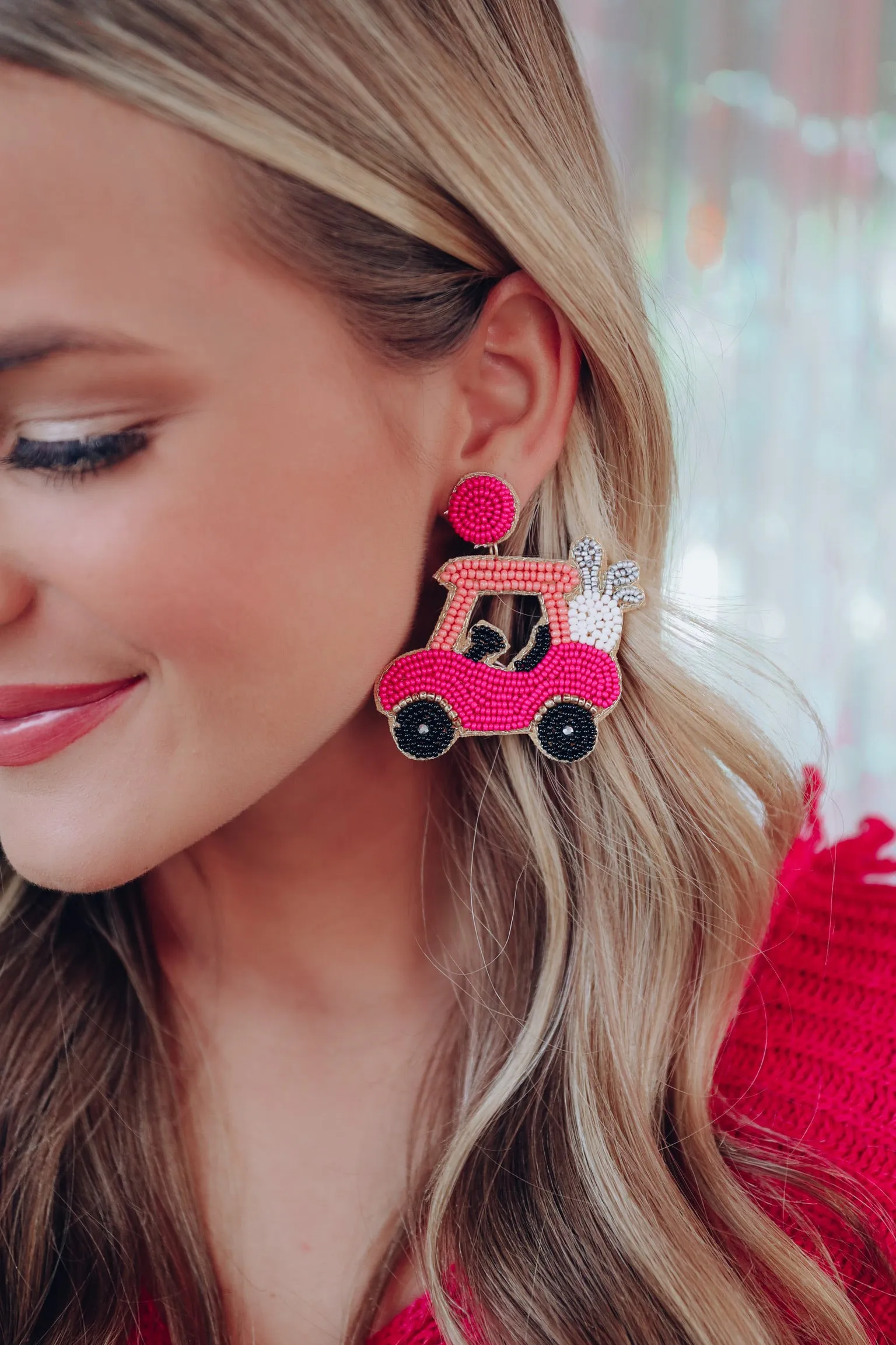 Birdie Golf Cart Beaded Earrings - Hot Pink