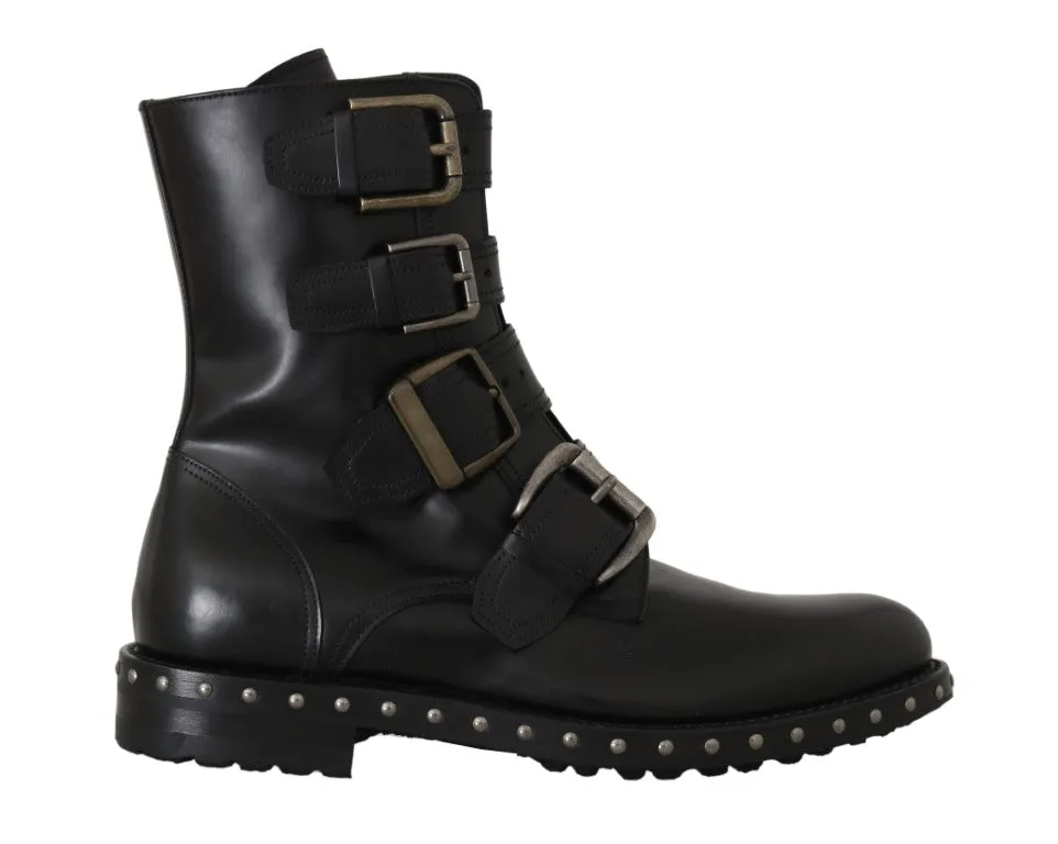 Black Leather Biker Ankle Boots