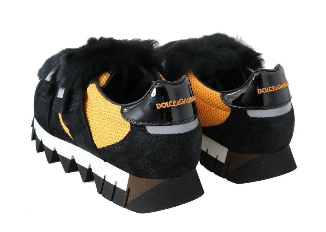 Black Leather Fur Shark Sole Sneakers
