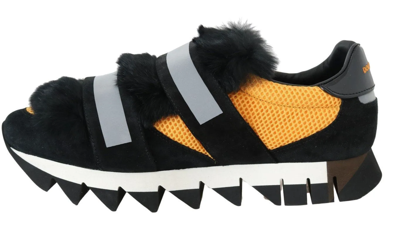 Black Leather Fur Shark Sole Sneakers