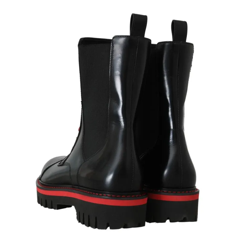 Black Red Leather Biker Ankle Boots