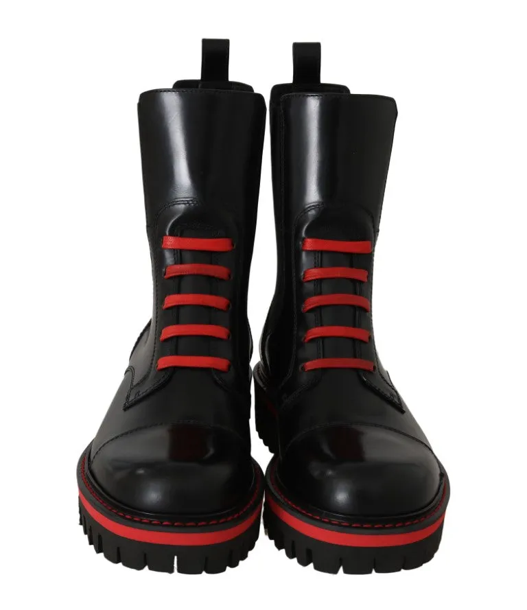 Black Red Leather Biker Ankle Boots