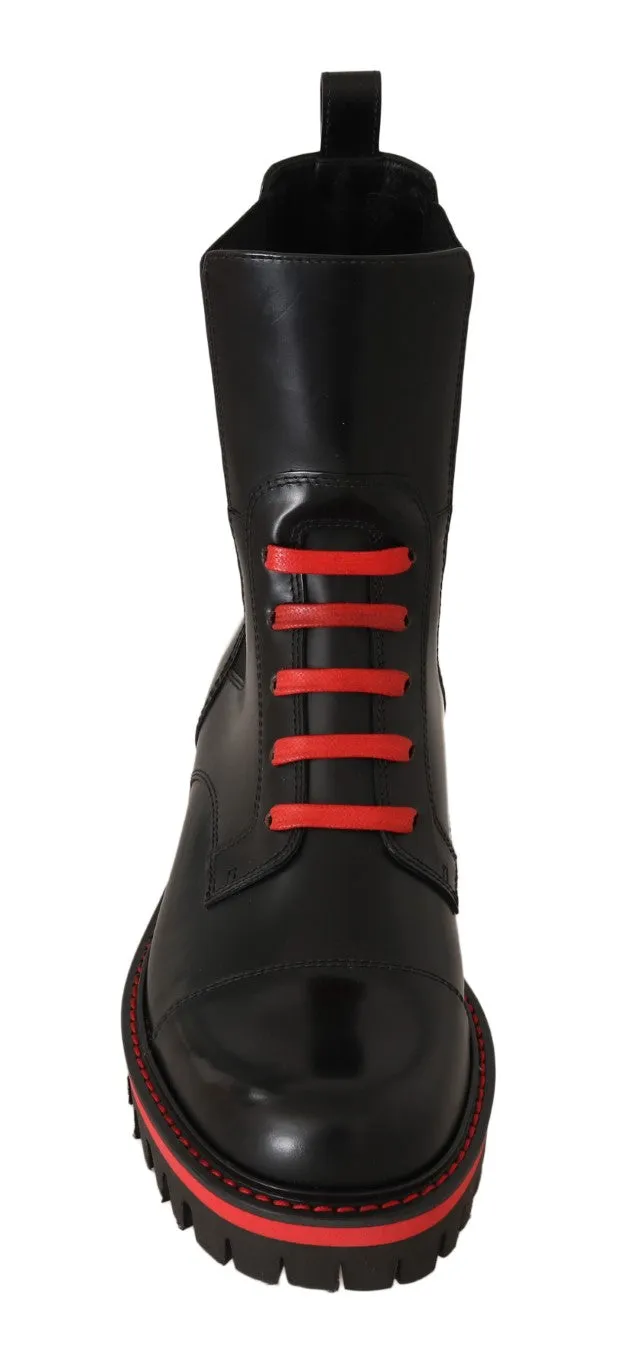 Black Red Leather Biker Ankle Boots