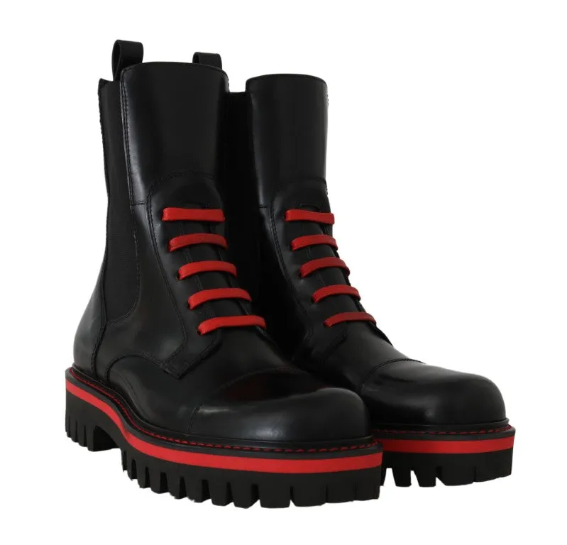Black Red Leather Biker Ankle Boots