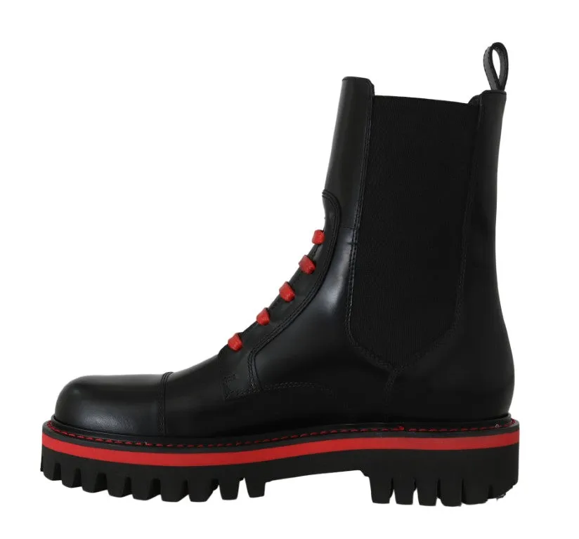 Black Red Leather Biker Ankle Boots