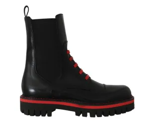 Black Red Leather Biker Ankle Boots