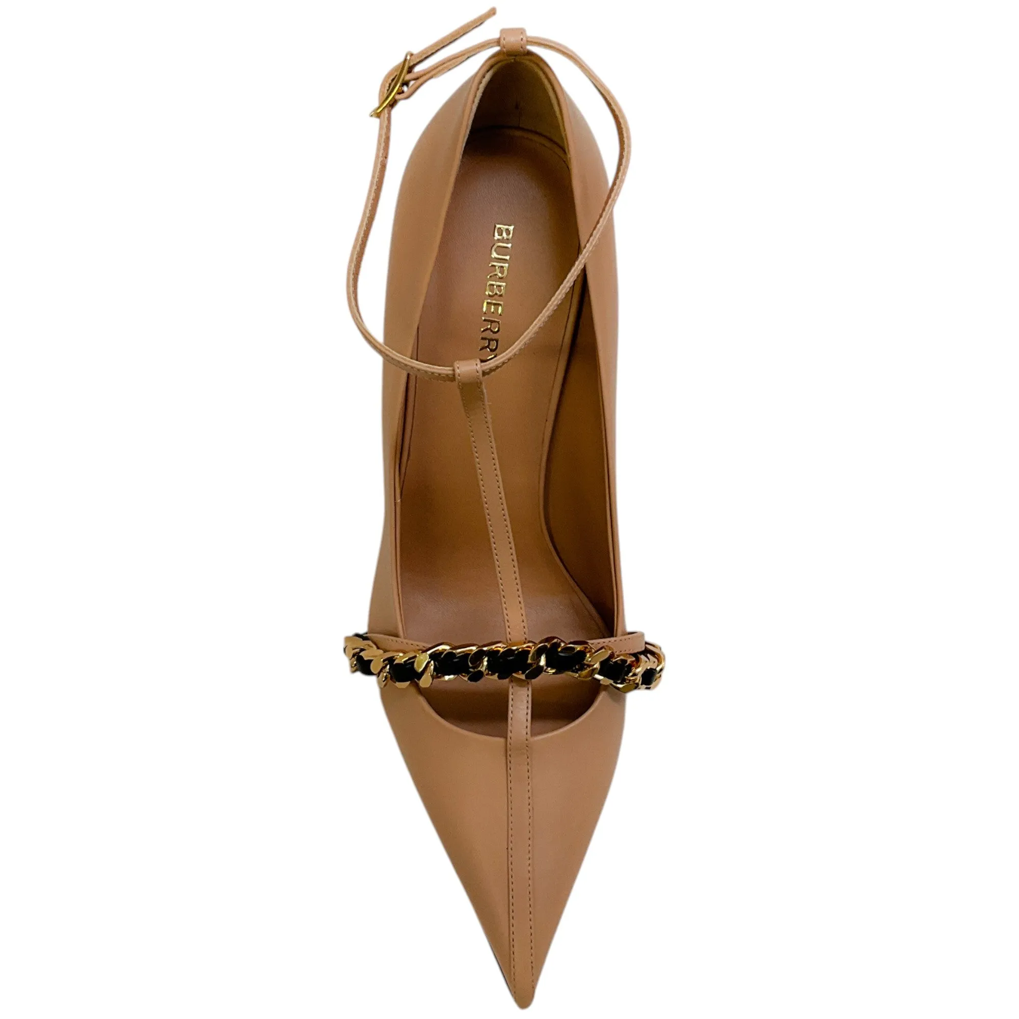 Burberry Nude Leather Yara Chain Embellished T Strap Pumps