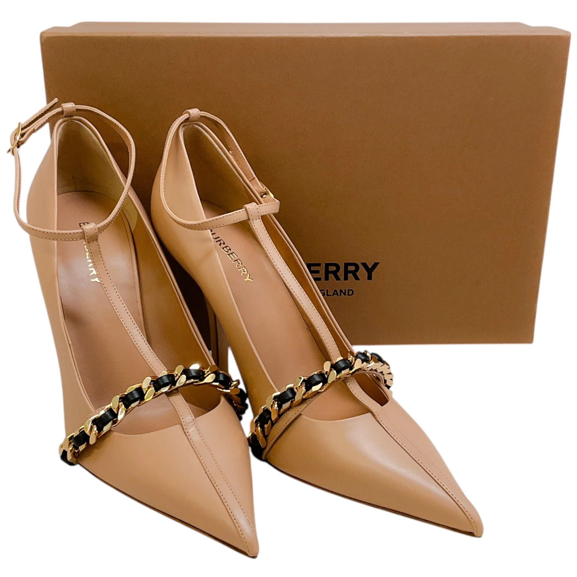 Burberry Nude Leather Yara Chain Embellished T Strap Pumps