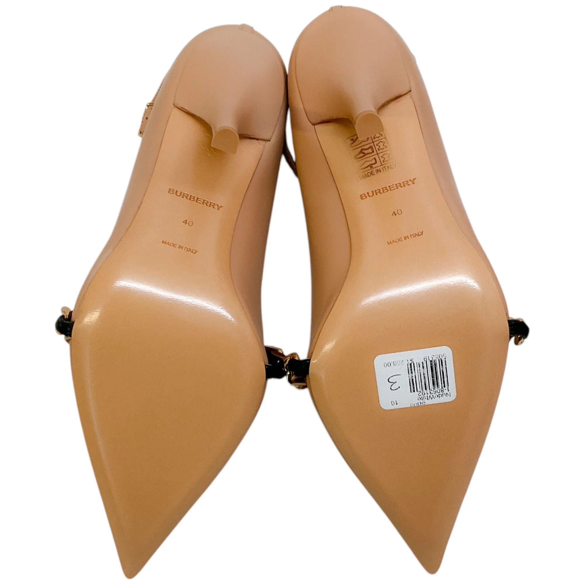 Burberry Nude Leather Yara Chain Embellished T Strap Pumps