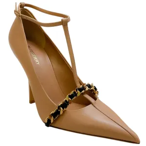 Burberry Nude Leather Yara Chain Embellished T Strap Pumps
