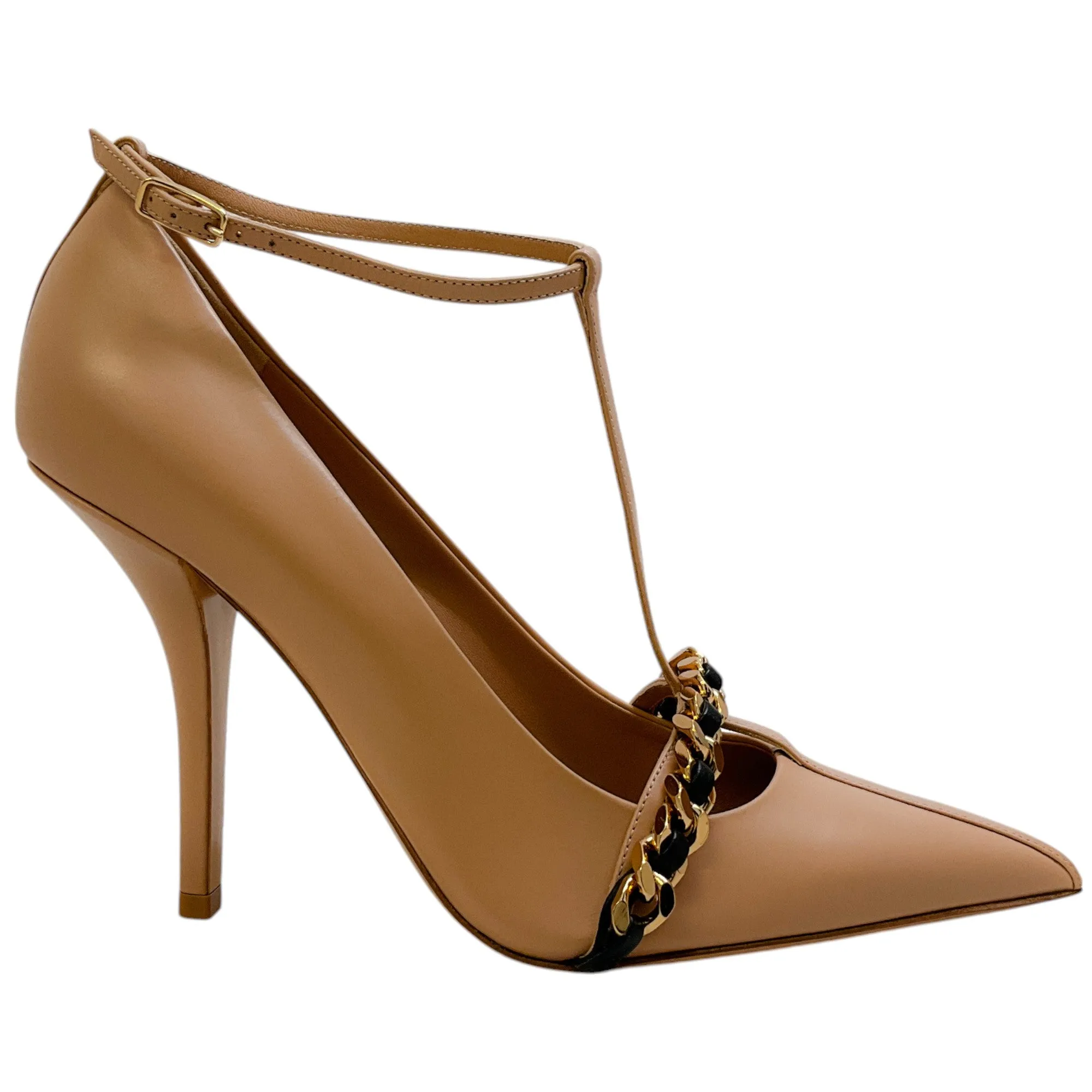 Burberry Nude Leather Yara Chain Embellished T Strap Pumps