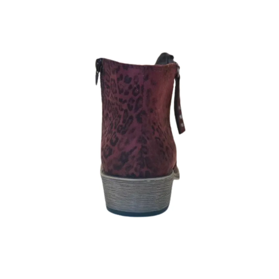 Burgundy leopard print bootie with side zipper