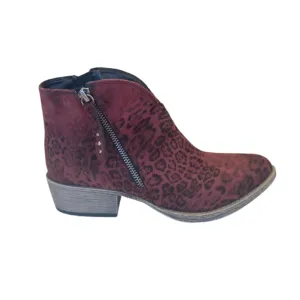 Burgundy leopard print bootie with side zipper