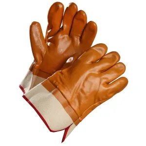 Chemical Resistant Gloves, Brown PVC Coated, Fleece Lined with Safety Cuff