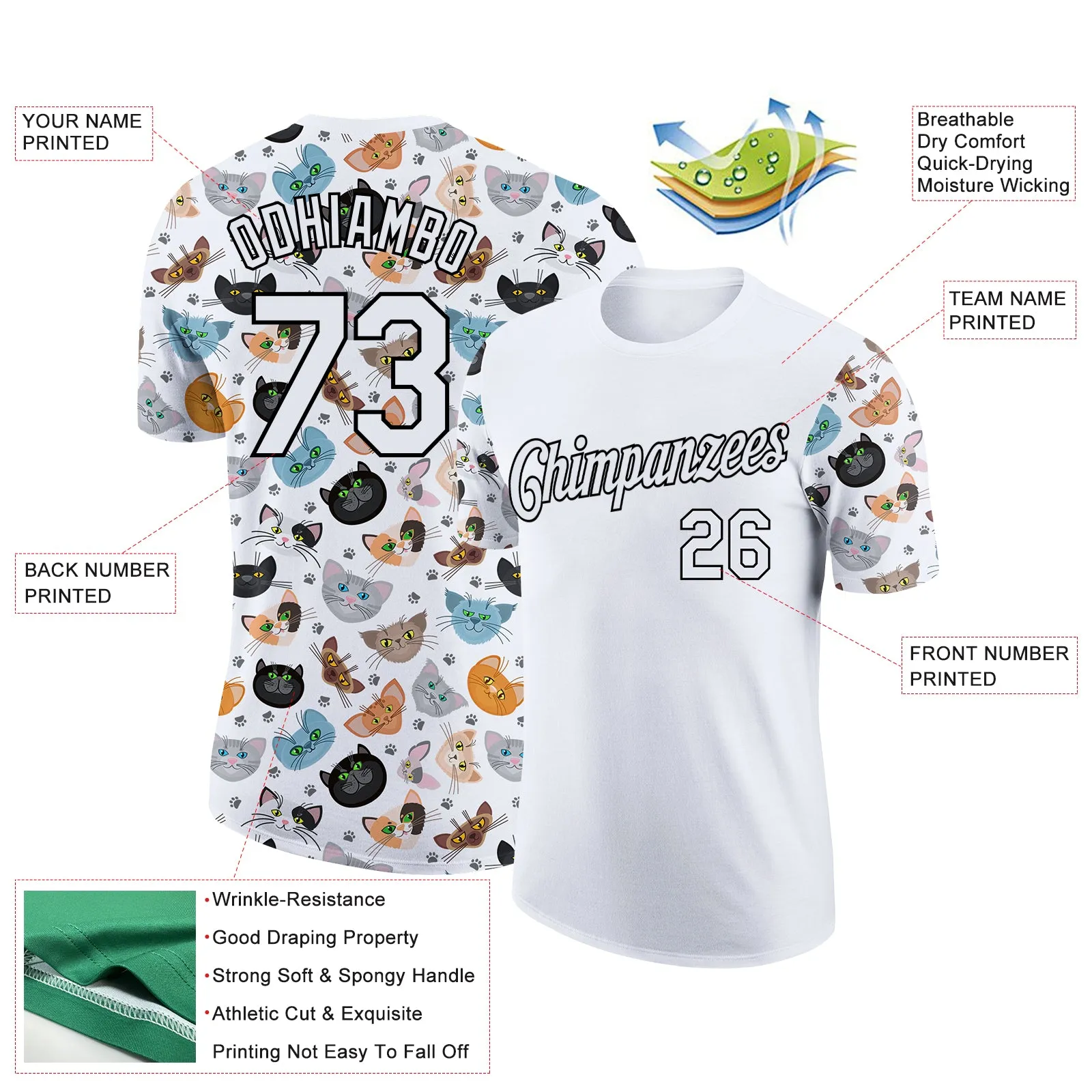 Custom White Black 3D Pattern Design Animal Cat Performance T-Shirt