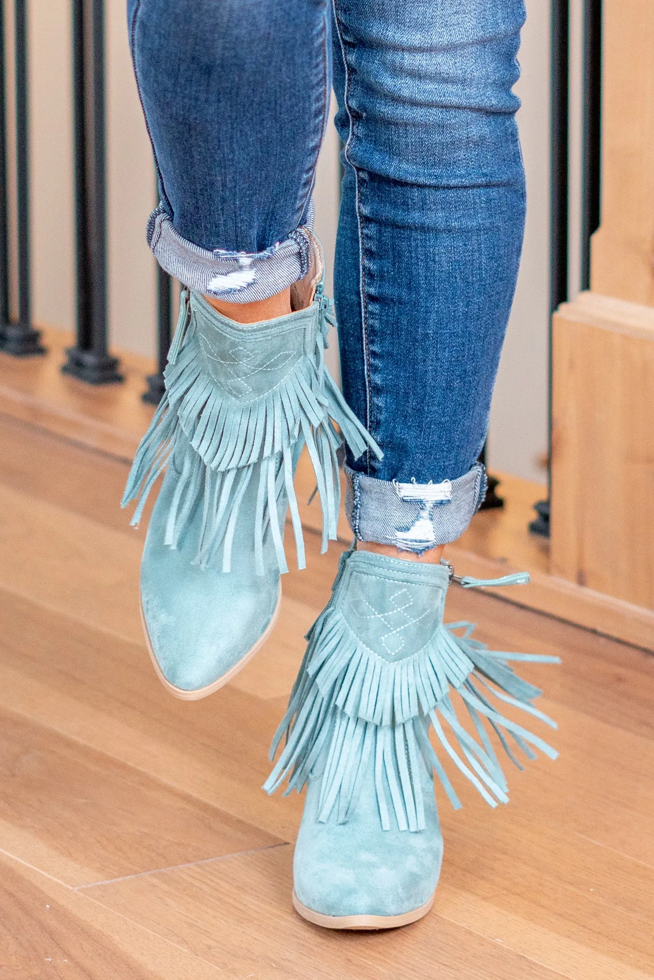 Dunes Skinny Western Fringe Zip Up Boots - Turquoise