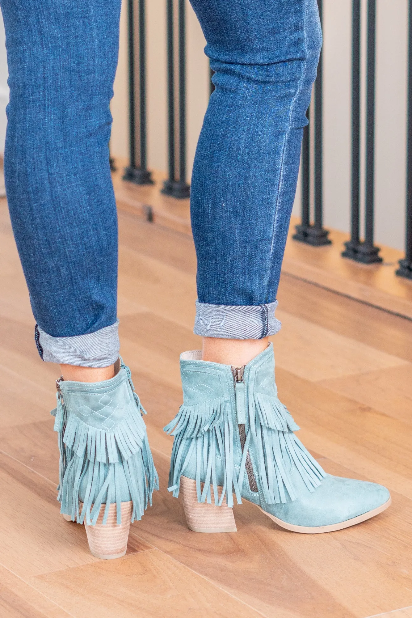 Dunes Skinny Western Fringe Zip Up Boots - Turquoise