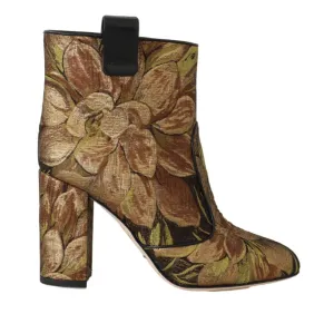 Gold Brown Jacquard Floral Boots