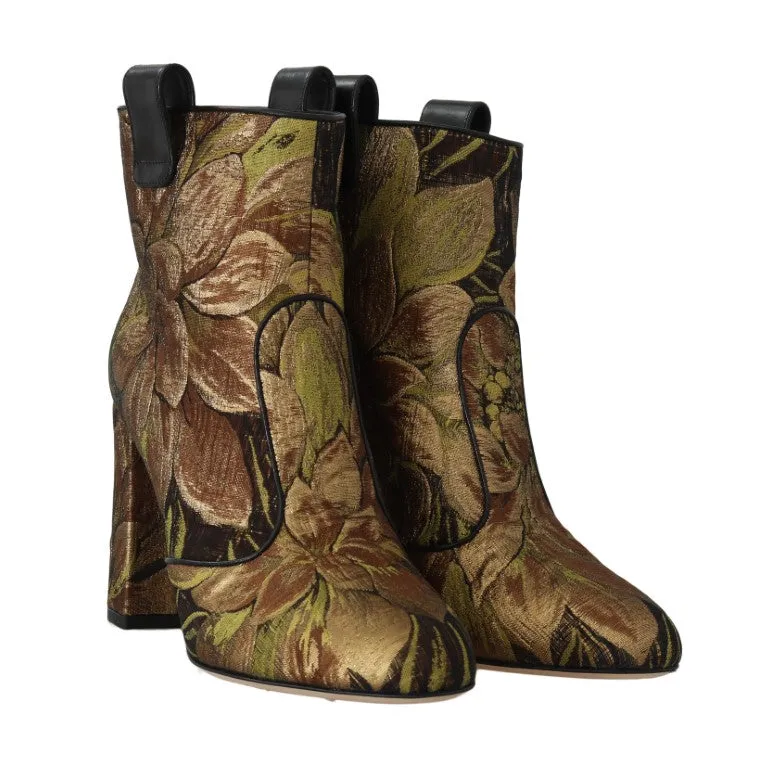 Gold Brown Jacquard Floral Boots