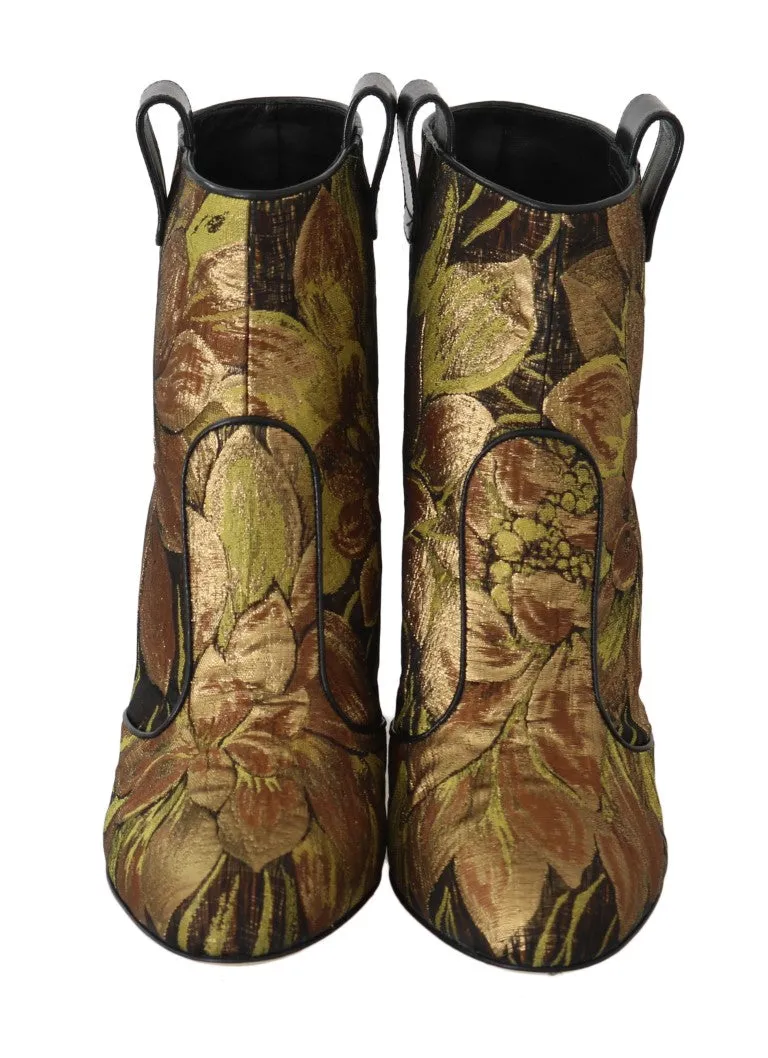 Gold Brown Jacquard Floral Boots
