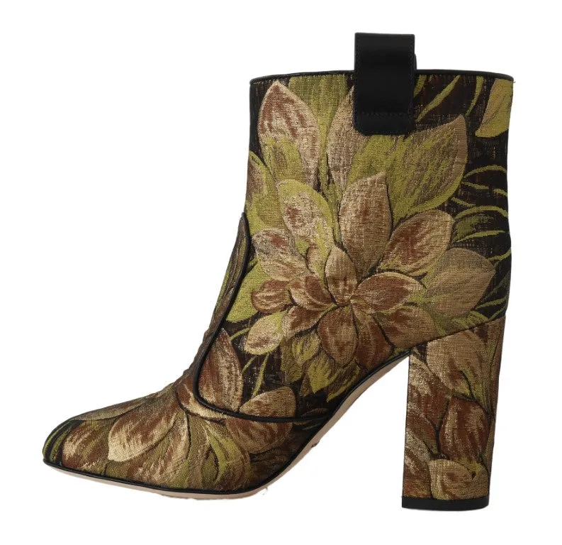 Gold Brown Jacquard Floral Boots