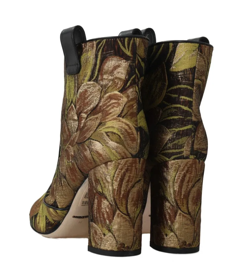 Gold Brown Jacquard Floral Boots