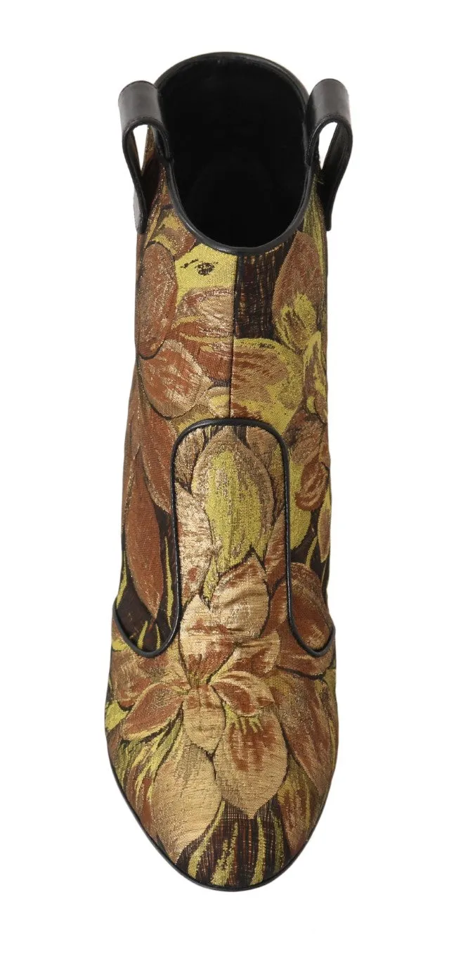 Gold Brown Jacquard Floral Boots