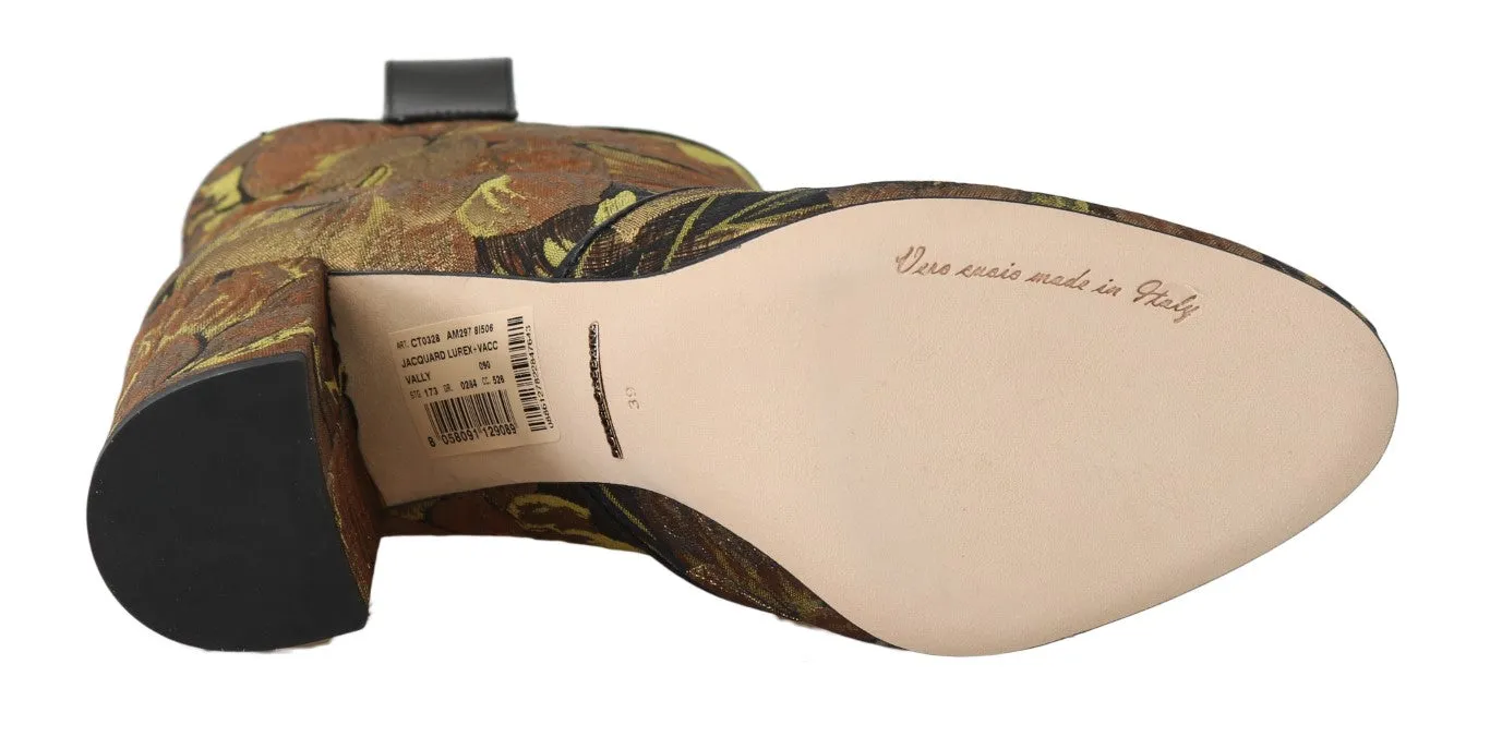 Gold Brown Jacquard Floral Boots