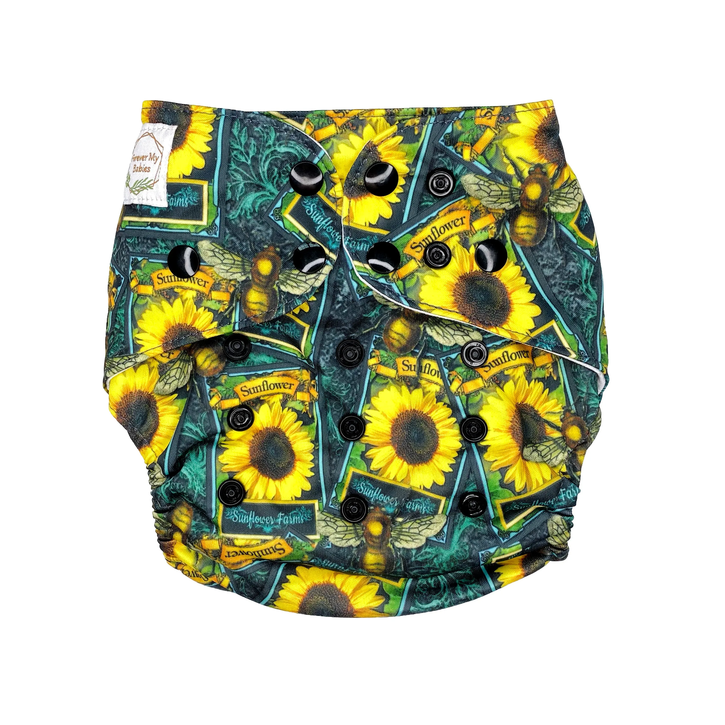 IN-STOCK Forever My Babies Cloth Diaper - Sunflower Seed Packets & Bees (Upright Print on Front & Back)