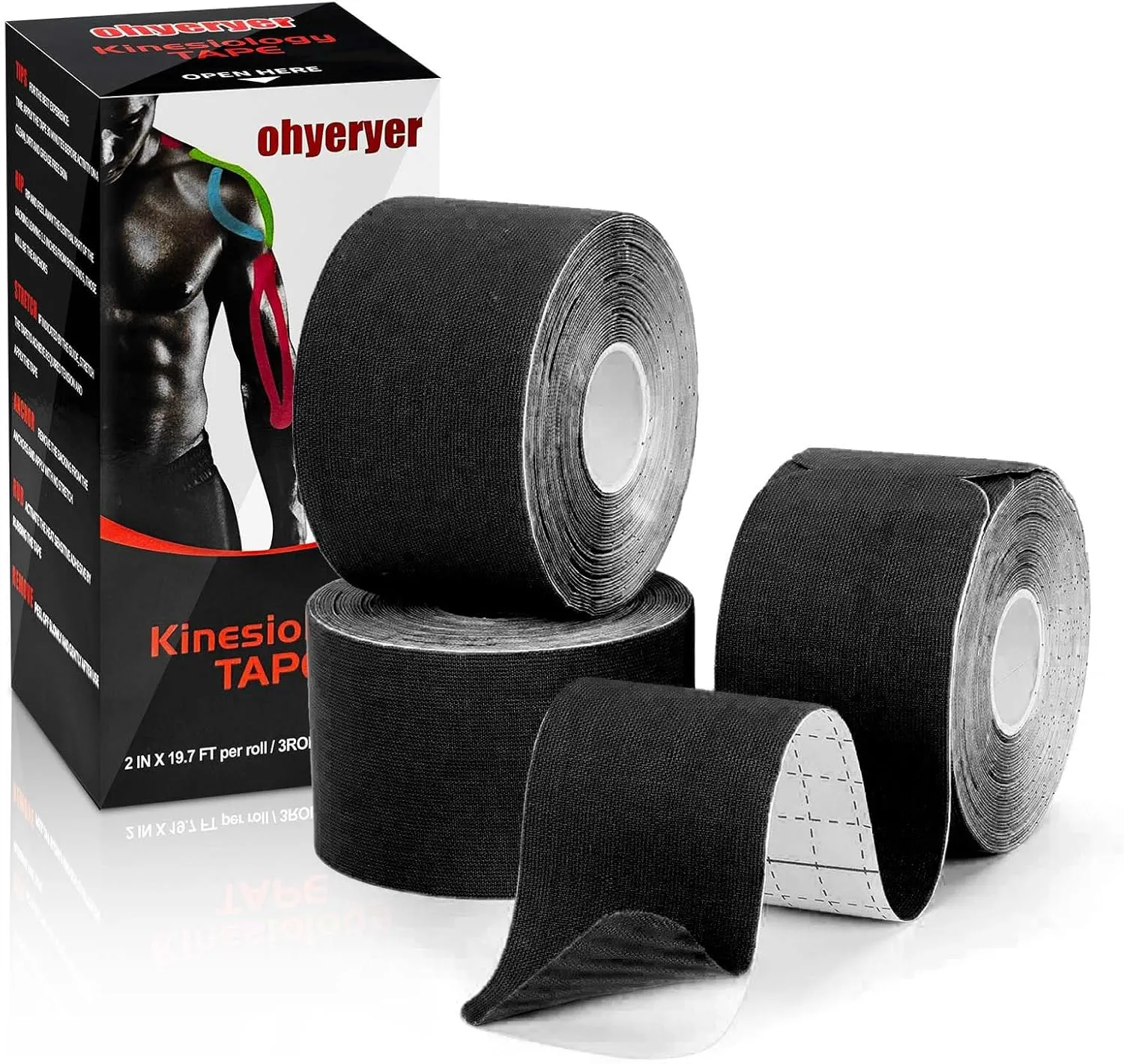 New Kinesiology Tape Elastic Sports Tape(3 Rolls) Waterproof,Breathable,Latex free Adhesive for Muscles Shin Splints Knee,Shoulder,Elbow,Ankles,Back,Wrist,2" x 19.7 feet,24 Strips Per Roll