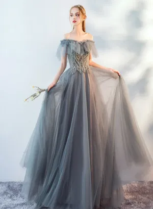 Pretty Gre Grey Off Shoulder Tulle Long Evening Dress Prom Dress, A-line Tulle Wedding Party Dresses