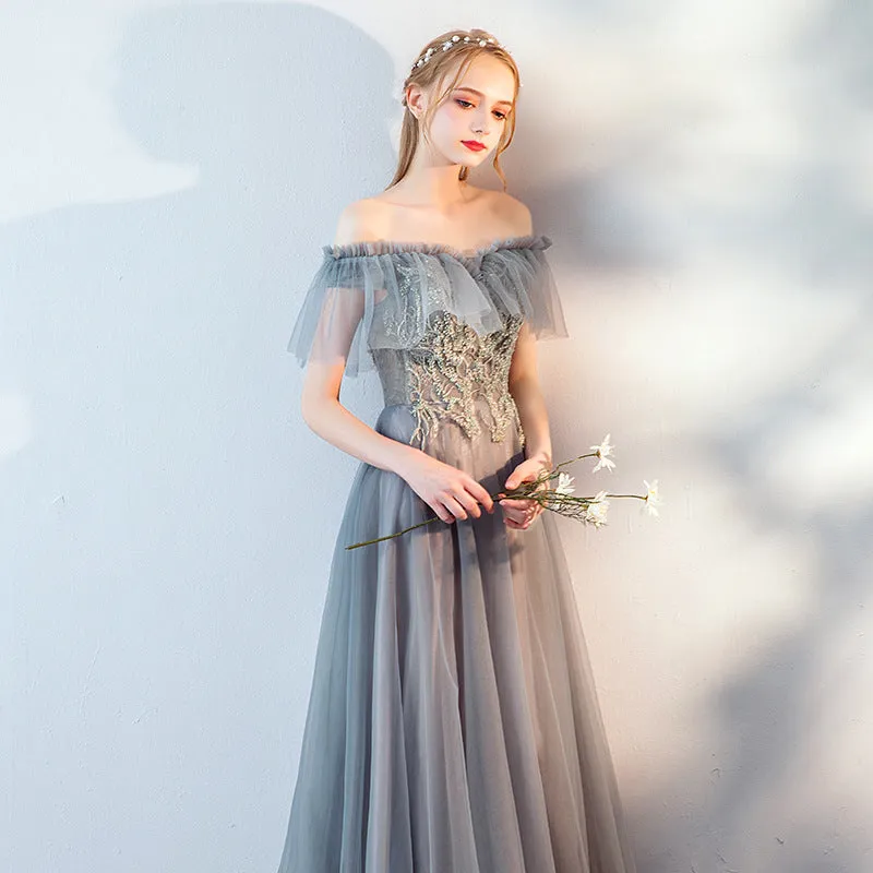 Pretty Gre Grey Off Shoulder Tulle Long Evening Dress Prom Dress, A-line Tulle Wedding Party Dresses