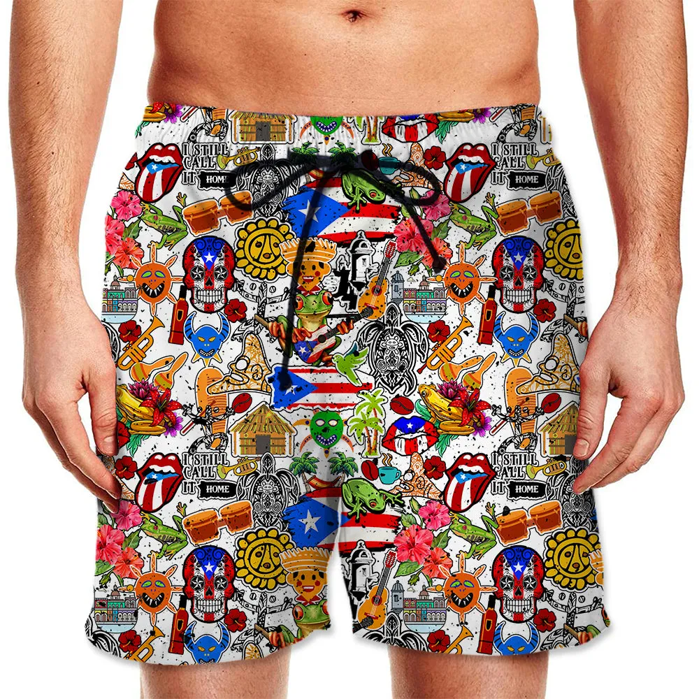 Puerto Rico Men Beach Shorts With Many Symbols