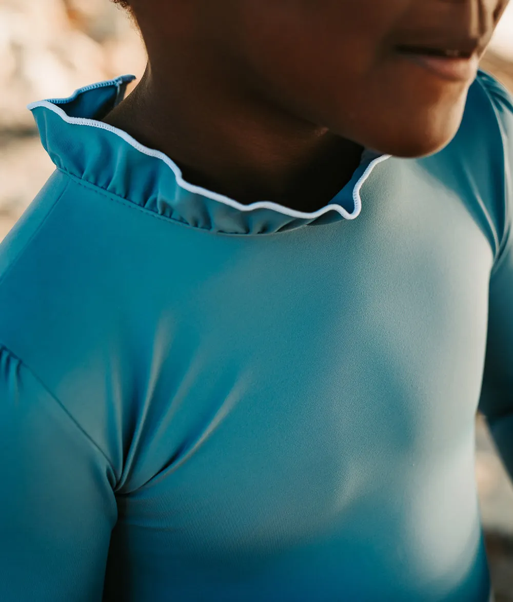 Ruffle Neck Long Sleeve Swimsuit in Dusty Blue and Ivory
