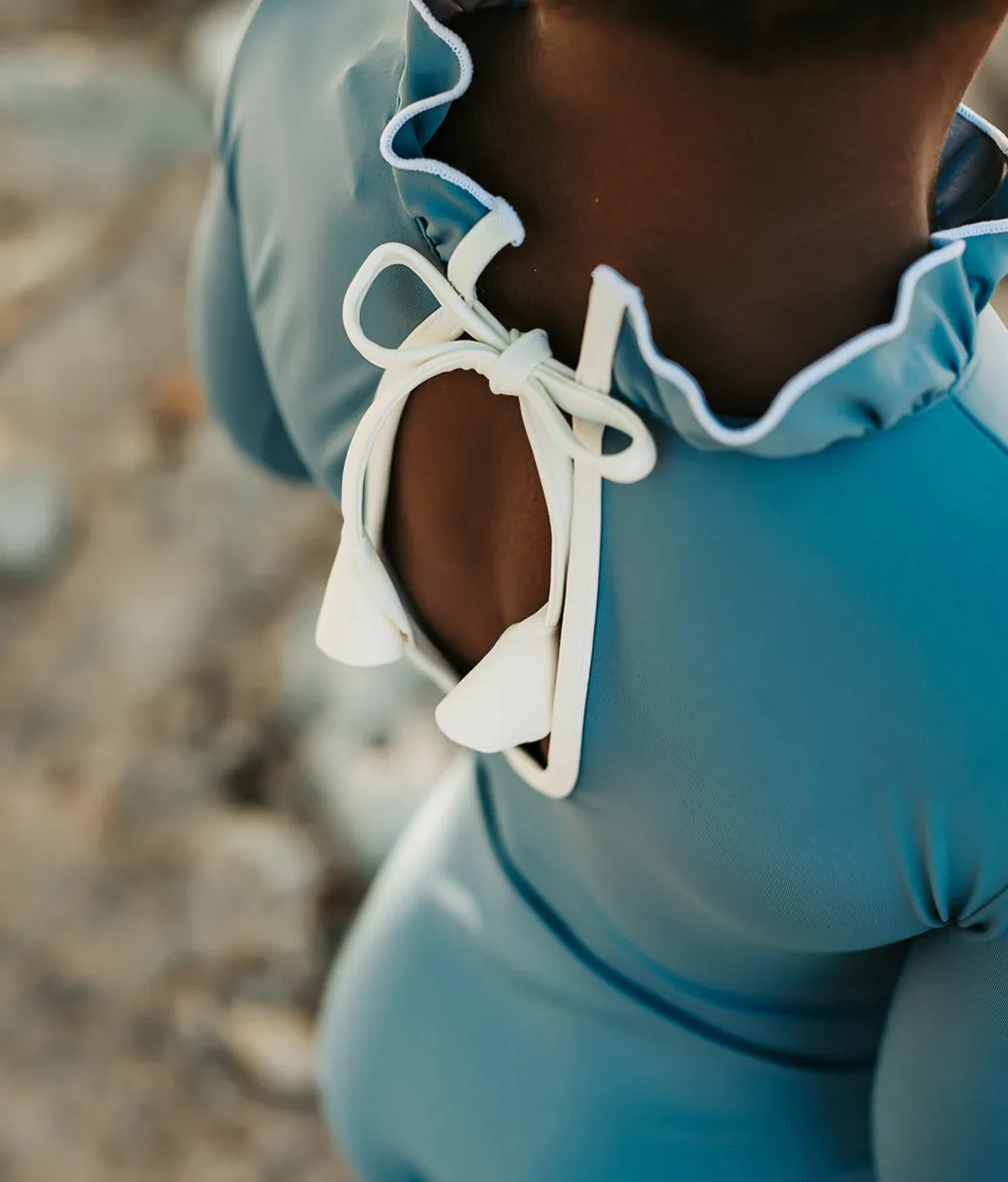 Ruffle Neck Long Sleeve Swimsuit in Dusty Blue and Ivory