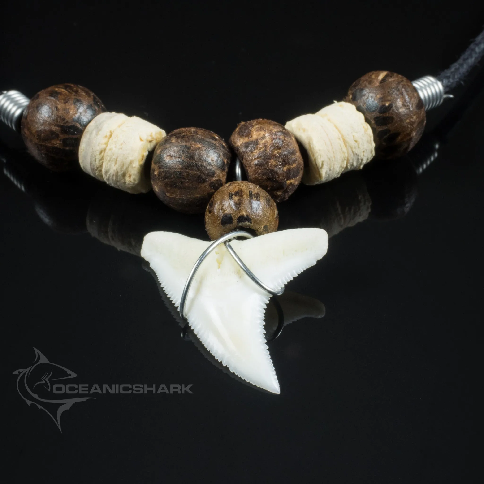 Shark tooth coconut wood beaded necklace beach surfing c114