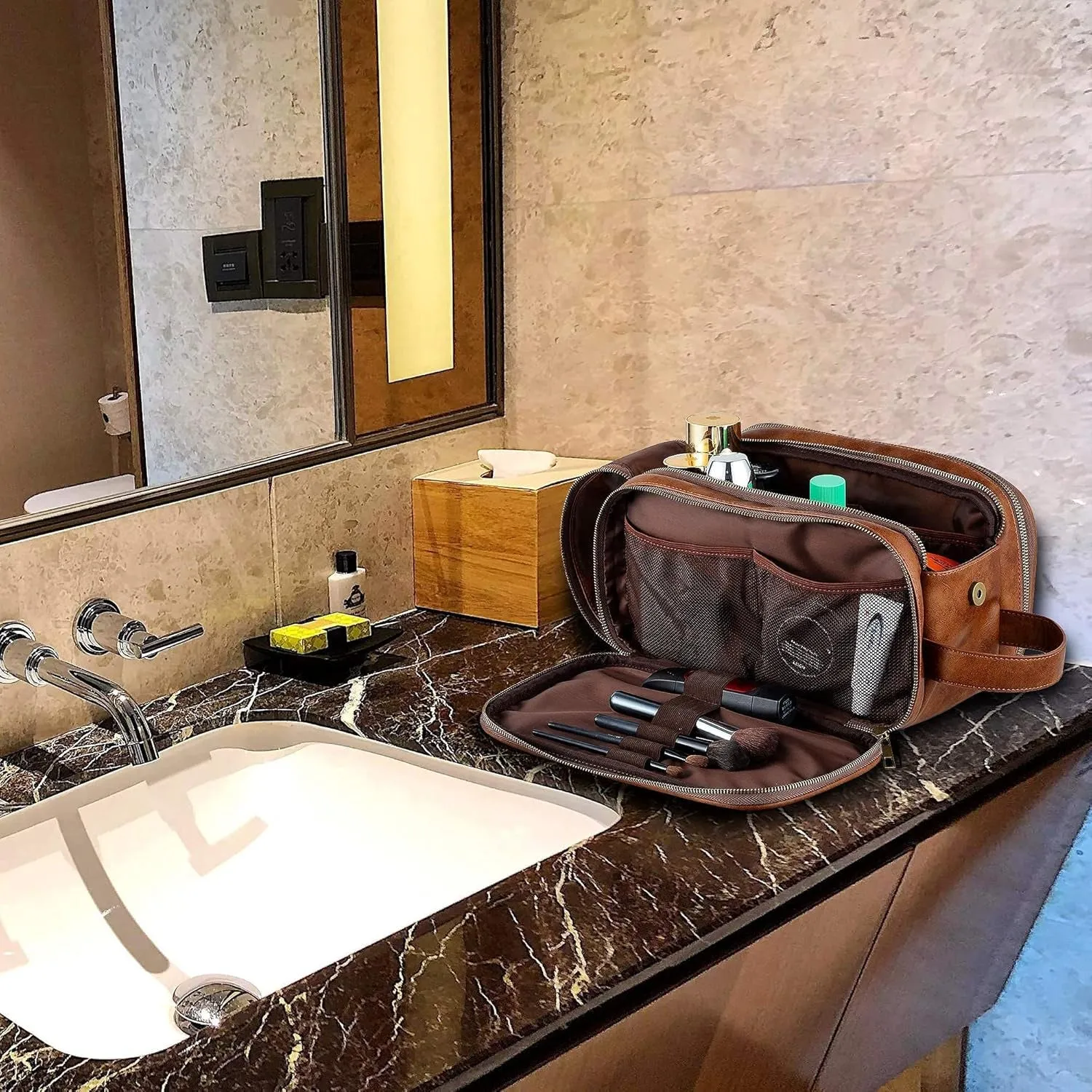 Travel PU Leather Toiletry Bag for Men Waterproof Shaving Organizer