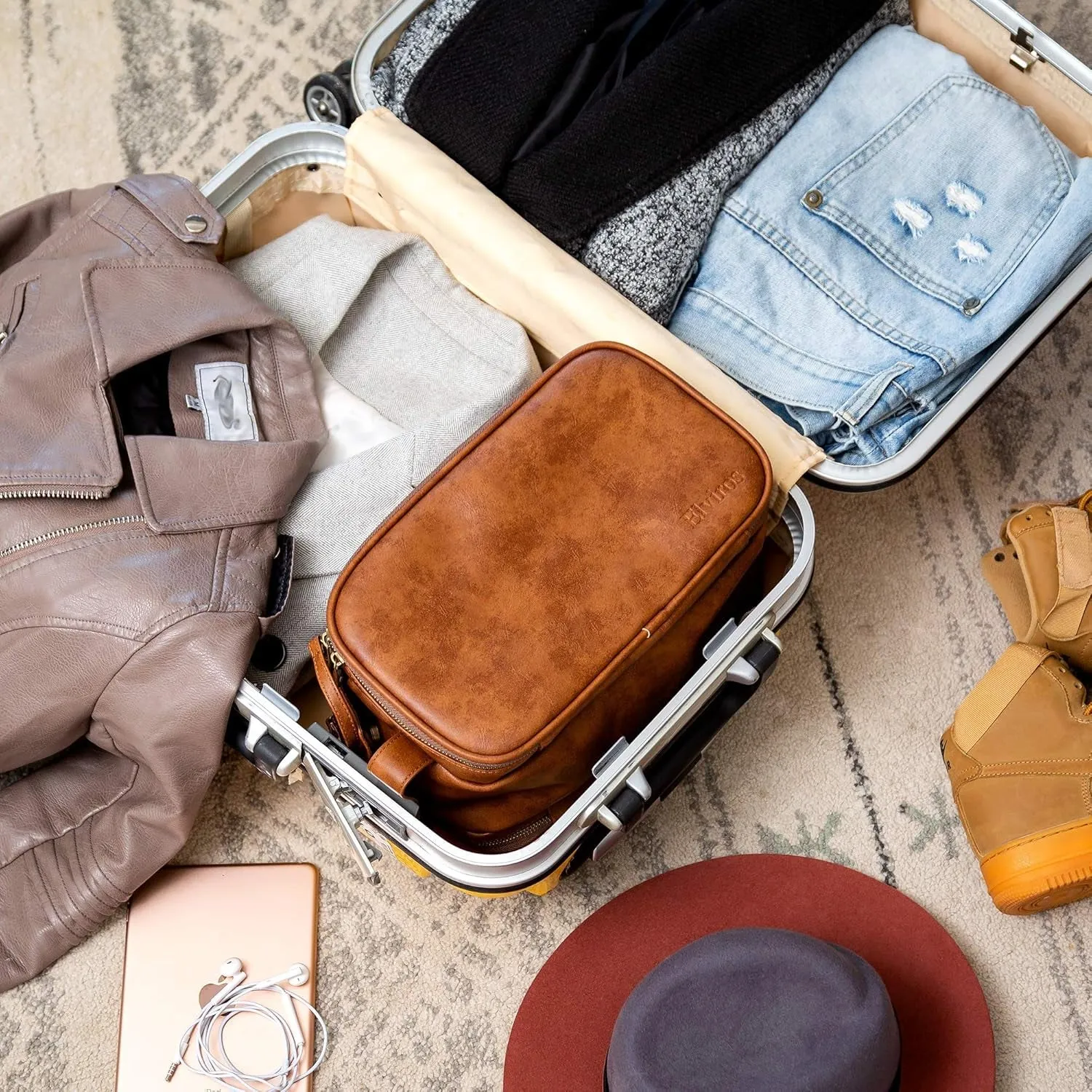 Travel PU Leather Toiletry Bag for Men Waterproof Shaving Organizer