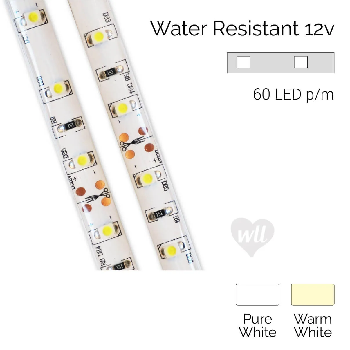 Water Resistant LED Strip | IP65 | 12v | 8mm | Cut every 50mm | 60 LEDs p/m | 4.8w p/m | p/metre & reel
