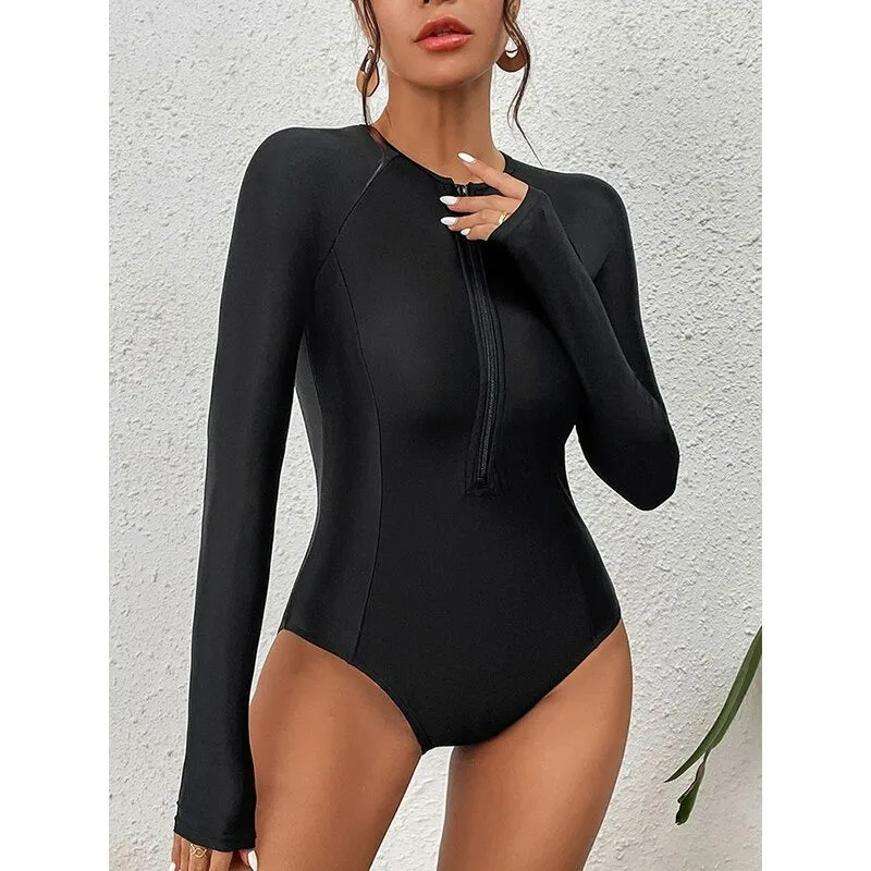 Women Rashguard: Black & Blue Long Sleeve One Piece Swimsuit
